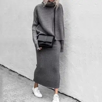 패션 슬림 여성 스웨터 두 조각 느슨한 네크라인 캐주얼 가을 여 니트 블라우스 스커트 스웨터