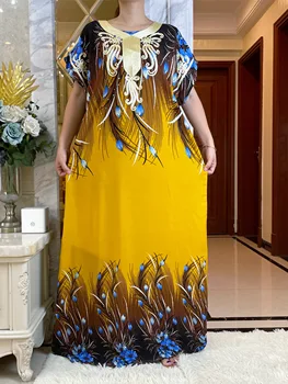 2023New 아프리카 여성들의 짧은 소매 Dashiki 목화 꽃 드레스 인쇄 풀 카프 드레스 스카프와 함께 캐주얼 드레스
