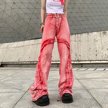 미국 빈티지 스타일 세척 원시 가장자리 패션 높은 허리 캐주얼 바지 다리 청바지는 여성 Y2k 스트리트웨어는 헐렁한 바지 핑크색