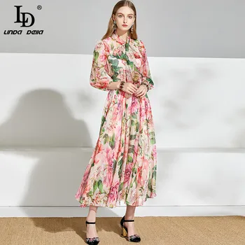 LD LINDA DELLA2022 년 여름 휴가 활주로 드레스 여성 넥타이 꽃 인쇄한 쉬폰 드레스 여성 미디 드레스