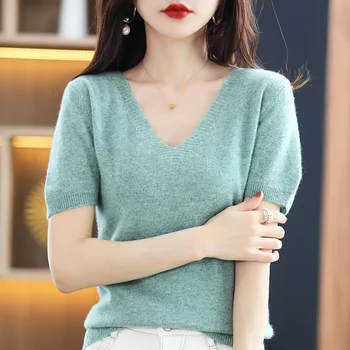 봄 여름 여성 스웨터 니트 티셔츠 목 짧은 소매 Knitwears 한국의 패션 스웨터 솔리드 셔츠 바닥 점퍼