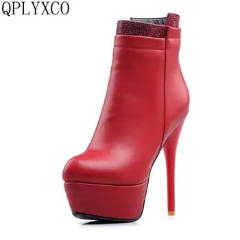 QPLYXCO2017 년 새로운 판매 큰 작은 크기 31-46 짧은 발목 부팅 겨울 섹시한 여성은 발가락 하이힐(14cm)결혼식 신발 559