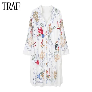 TRAF 자수자 비대칭 버튼 셔츠 여름 여성의 셔츠와 블라우스에 대한 여자의 튜닉 긴 소매상