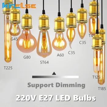 E27 복고풍 Edison LED 필라멘트 전구 램프 220V 빈티지 디 밍이 유리 전구 C35A60G80G95G125ST64T45T125T185T225T300