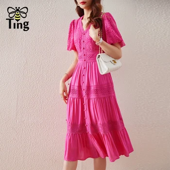 Tingfly 빈티지한 고품질 레이스 자수의 무릎 길이의 캐주얼 복장 복고풍의 퍼프 소매 라인 여름 드레스