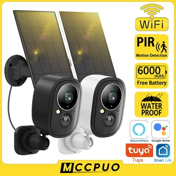 Mccpuo5MP WIFI 태양 야외 카메라 PIR 모션 감지는 배터리 안전 CCTV Wide135°각도로 감시 카메라 Tuya
