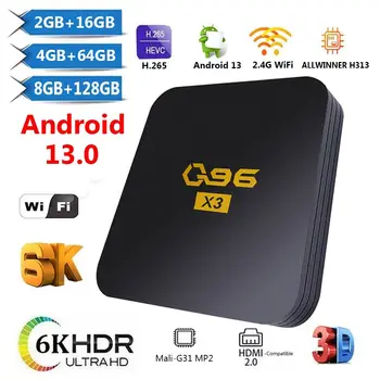 Q96X3 스마트 TV 박스 안드로이드 13Allwinner H313 쿼드 중핵 6K HDR UHD8GB128GB2.4G 와이파이 미디어 플레이어 매우 빠르게 상품이 들어있는 상자의 상단부 상자