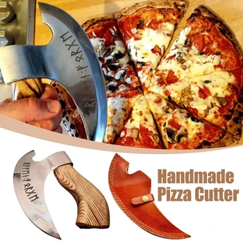Handmade 피자 절단 도끼는 스테인리스 바이킹 피자기 절단기 나무로 되는 손잡이를 다기능 피자 도끼 칼로 비스듬한 블레이드