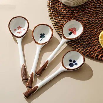 세라믹 스프 숟가락,석기 숟가락,긴 손잡이 숟가락,가 일본 스타일의 귀여운 창의적인 쌀 숟가락 부엌 식기