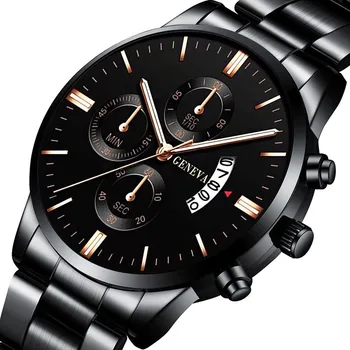 새로운 브랜드는 남자의 석영 시계 비즈니스 세 눈 큰 다이얼 달력 시계 스테인리스 스틸 스트랩 남성 패션 제네바 시계