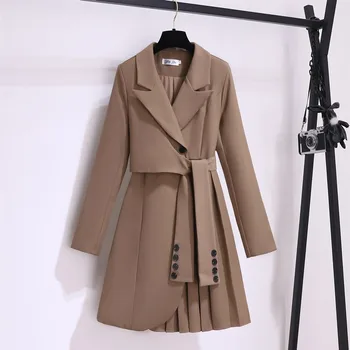 우아한 여성 가을 재킷 드레스 팜므 2022 고품질 사무실 빈티지 디자이너 레이스 슬림 주름을 잡은 파티 드레스