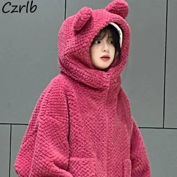 기본 재킷 여자 단순한 디자인의 귀엽주 겨울 새로운 분홍색퍼 학생은 따뜻한 느슨한 한국의 세련된 스타일 보내다 Lambswool