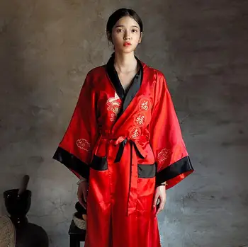 참신 뒤집을 수 있는 까만 빨간 여성이 공단 기모노 Handmade 자수 용 잠옷 가운 가운 두 개의 측면 잠옷