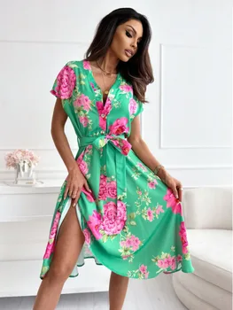 새로운 보헤미안 여름 인쇄 V 목 셔츠 레이스 드레스 여성들의 패션은 우아한 짧은 소매 벨트 우아한 여성 미디 라
