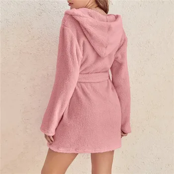 따뜻한 견면 벨벳 레이스-잠옷 가을 겨울 여자 단색 가디건 라펠 주머니 중간 길이 코트 패션 후드 집에 목욕 가운