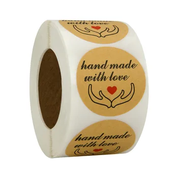 100-500pcs Handmade 사랑으로 스티커 라운드 Kraft 종이 접착제 레이블 베이킹 웨딩 파티를 장식 스티커