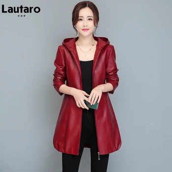 Lautaro 가을 검은 포도주 붉은 방수 가짜 가죽 재킷은 여성 후드와 함께 지퍼 디자이너리에 있는 럭셔리한 코트 슬림