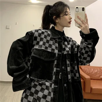 Deeptown 데님 재킷 여성에 대 한국의 패션 스트리트웨어 검은 빈티지 무늬 청바지 재킷은 우아한 고딕 양식의 느슨한 코트