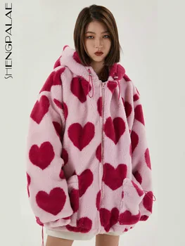 SHENGPALAE 하라주쿠 중앙 전체를 인쇄 봉제 인형 재킷 여성 봄 2023 한국의 긴 소매 후드 코트 따뜻한 5A956