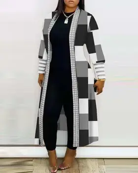 캐주얼 새로운 패션 2023 기하학적 프린 긴 소매를 열 프런트 연승 코트 여성 의류에 대한 여성