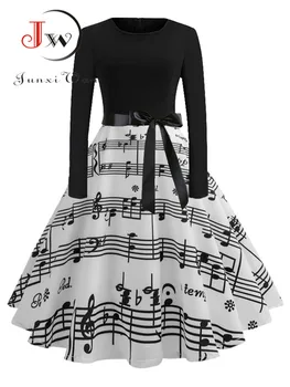 음악 메모 인쇄 우아한 파티 드레스 여성의 50 60 년대 레트로 빈티지한 가운 로커 캐주얼 겨울 Midi