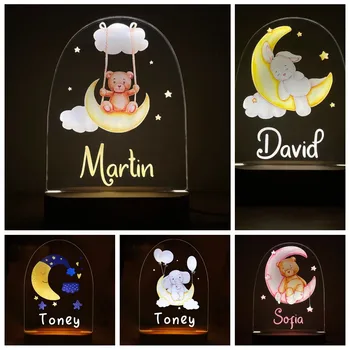USB LED 달 밤 빛을 가진 베어 코끼리 토끼를 개인 사용자 정의 이름 램프를 위한 보육원 어린이는 아기 침실 가벼운 장식
