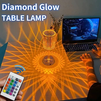 LED 다이아몬드 크리스탈 투사 밤 빛 USB 재충전용 터치 제어 변경 색상으로 장식 테이블 램프 머리맡 밤 빛
