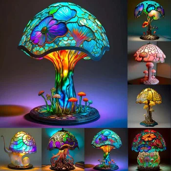 창의적인 스테인드 유리 공장 시리즈 테이블 램프 꽃 버섯 수지 테이블 램프 가정 장식적인 테이블 램프 주변 밤 조명