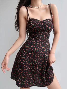 여름 꽃 복고풍의 미니 드레스 슬리브리스 등이없는 스트랩 해변화 빈티지 보헤미안 검정 빨간색 드레스 여성
