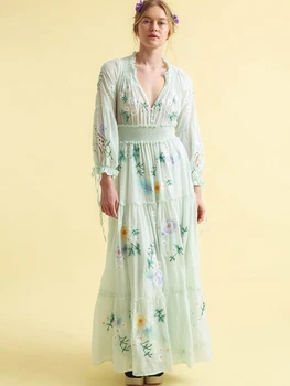 여름 새로운 복고풍의 해변 휴일은 무거운 산업 자수 V-비 면 멀티 컬러의 긴 드레스