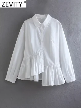Zevity 성 패션 앙 불규칙한 주름 주름 패치 워크 흰색 작업복 블라우스 팜므 버튼 셔츠 세련된 옷 여성상 LS4053