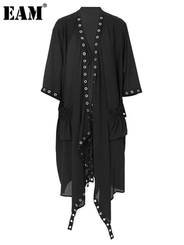 [EAM]느슨한 맞춤 검은 불규칙한 리본 큰 크기 재킷 새로운 V neckLong 소매 여성은 코트 패션의 흐름을 봄 가을 2023 1D75601