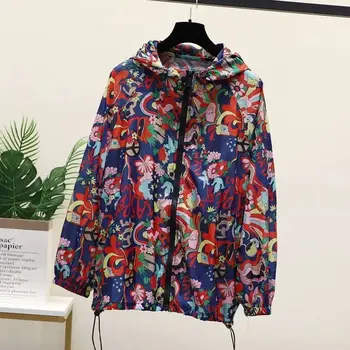 2023 봄 인쇄 더블 지퍼 코트 여성들의 패션 캐주얼 얇은 두건이 있는 스포츠 용 재킷의 일종 태양 보호 의류