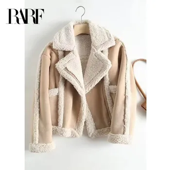 RARF2023 여자의 무거운 털 재킷,접합 캐시미어 코트,따뜻한 짧은 캐주얼 복장,