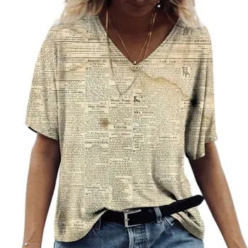 여름 여성 T 셔츠 뉴스 신문 패턴 캐주얼 짧은 블랙 앤 화이트 패션 3d 프린트 티셔츠 탑 여성 Clothing5xl