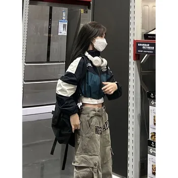 Deeptown 자른 폭격 재킷 여성 스포츠 용 재킷의 한국의 패션 스트리트웨어 Kpop 오버사이즈 후드 집업 재킷 빈티지 미
