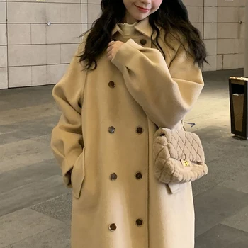 겨울 더블 긴 코트 여성이 한국 스타일 따뜻한 코트 라펠 여자 단색 느슨한 재킷