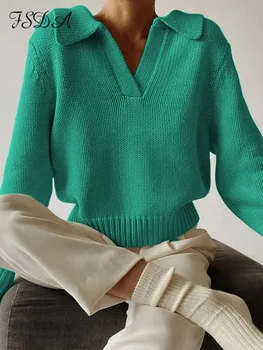 FSDA 녹색 긴 소매 스웨터에 의하여 뜨개질을 하는 여자 V 목 2021 년 가을 겨울 패션 스웨터 캐주얼 블랙 Top