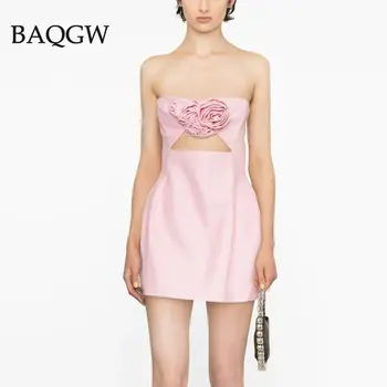 핑크 끈이 꽉 생선으로 이동식 장미꽃 코 여성들의 드레스 2023 봄 가을 패션 섹시한 라인 드레스
