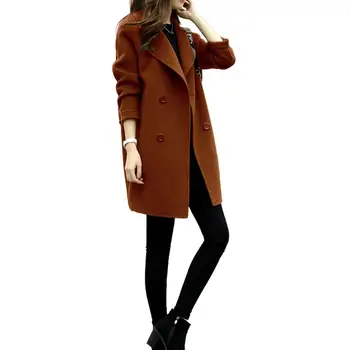 2020 년의 새로운 여자는 재킷을 가을 겨울 솔리드 컬러 옷깃 두 Midi 코트 모직 코트 레이 버튼 자켓