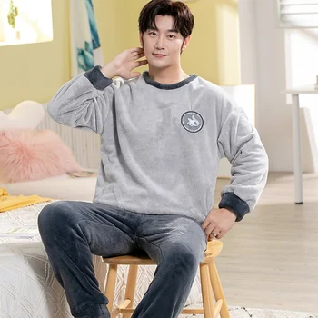 2022 긴 소매 따뜻한 플란넬 파자마 세트를 남자를 위한 한국어 벨벳 잠옷이지웨어 집에 옷