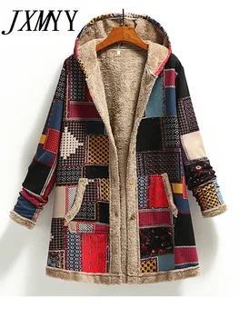 2023 겨울 빈티지 코트 따뜻한 인쇄 두꺼운 털 후드 롱 자켓을 가진 주머니 여 착실히 느슨한 코트를 위한 여성