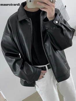 Mauroicardi 봄 가을의 멋진 럭셔리 짧은 검은빛 Pu 가죽 재킷 지퍼 캐주얼 남성용 재킷과 코트 패션