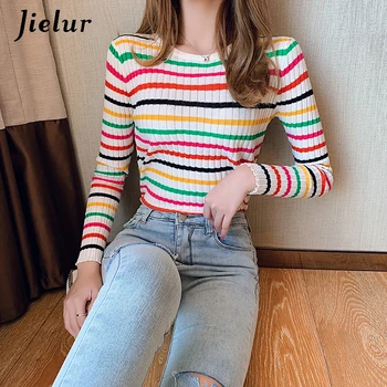 Jielur 가을의 다채로운 스트라이프 니트 여자를 위한 한국의 패션이 바닥 셔츠 O-목 레이디 스웨터 주문 색깔 니트웨어
