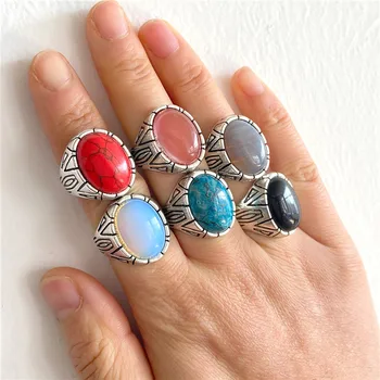빈티지 자연적인 돌 반지 색깔 Cabochon 오팔 반지 여성을 위한 조정가능한 매력의 링 남성 패션 쥬얼리 부족 파티