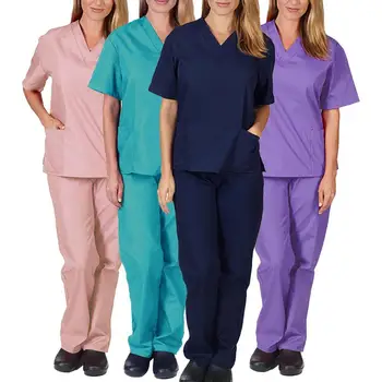 2 개/솔리드 컬러 간호사 균일한 여성 남성의 짧은 소매 V 목 최고 긴 스크럽 바지 스크럽트 유니폼 작업복은 남녀 공통