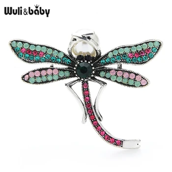 Wuli&아기 잠자리 브 로치 핀 멀티 컬러 크리스탈 라인 날개를 진주 곤충 여성 보석 선물 2021 년