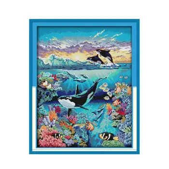 파란 바다 바다는 세계 동물 고래,핸드메이드 바느질 세트 스티치 자 수 재봉 장식에 매달려 그림