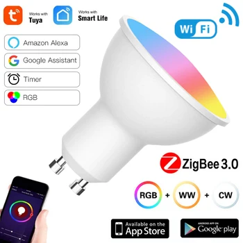 Tuya Zigbee Smart GU10 전구 스포트라이트 RGB+CCT100-240V5W Dimmable LED 램프 전구 음성제어와 함께 작동 Alexa Google 홈