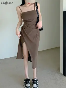 섹시한 소녀 슬림 드레스 여성 스트랩 젊은 뜨거운 여성 불규칙한 Midi 여름 기질 패션은 간단한 비대칭 기능